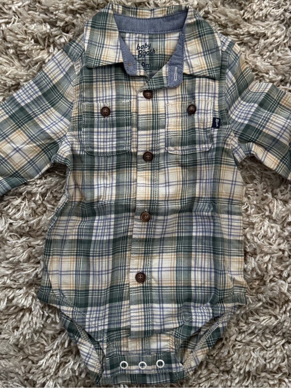 OshKosh B'gosh Green and Cream Plaid Button-Front Bodysuit